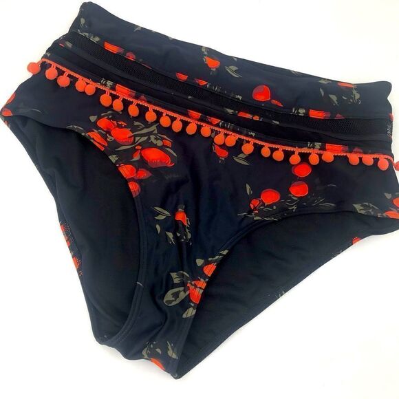 Cocoship Black Red Floral PomPom Trim High Waisted String Bikini - Picture 5 of 15